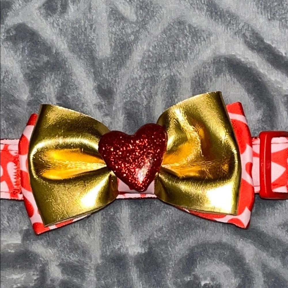Dog Collar Red with Pink Hearts and Gold Embellished Bow by Top Paw NWT